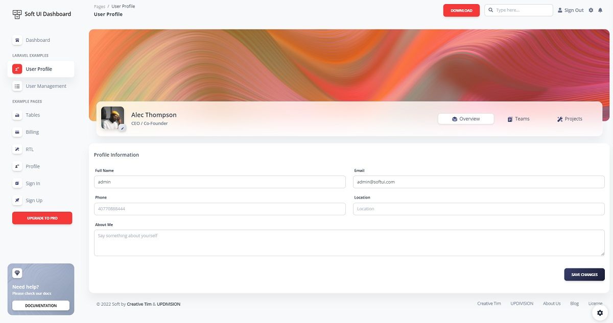 Soft UI Dashboard Laravel (open-source) - User Profile Page