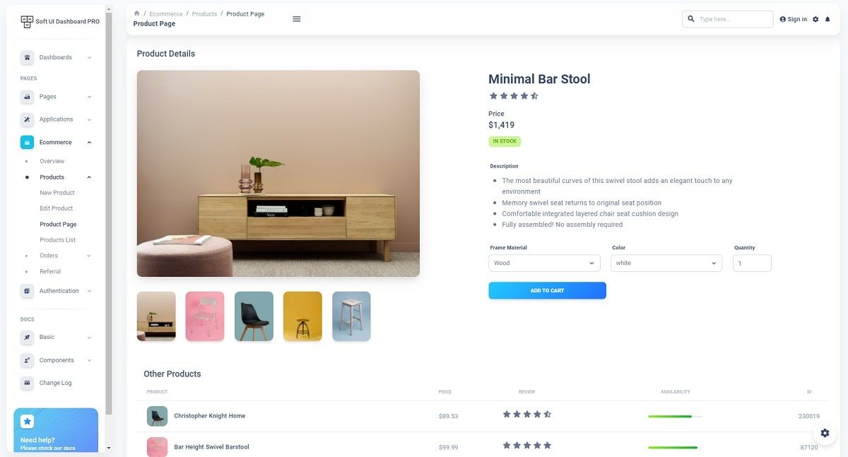 Soft UI React (Premium Dashboard Template) - eCommerce page.