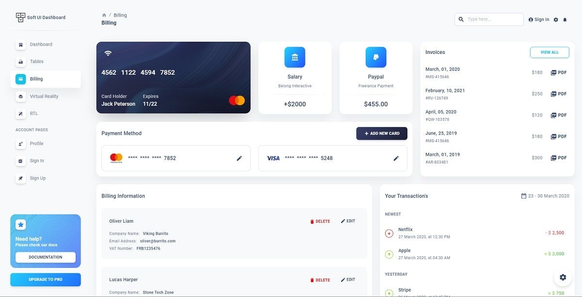 Soft UI Dashboard React (Free Template) - Billing Page