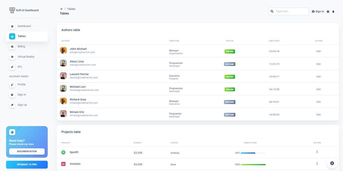 Soft UI Dashboard React (Free Template) - UI Tables