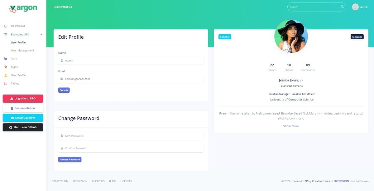 Vue Argon Dashboard (Open-Source) - User Profile Page