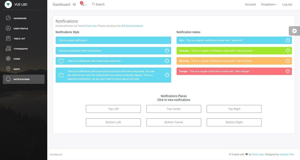 Vue Light Bootstrap Dashboard (open-source template) - UI Alerts.