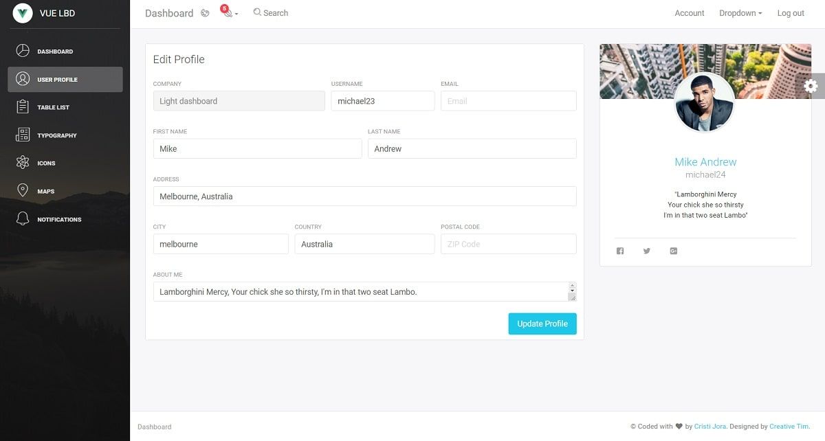 Vue Light Bootstrap Dashboard (open-source template) - Profile Page.
