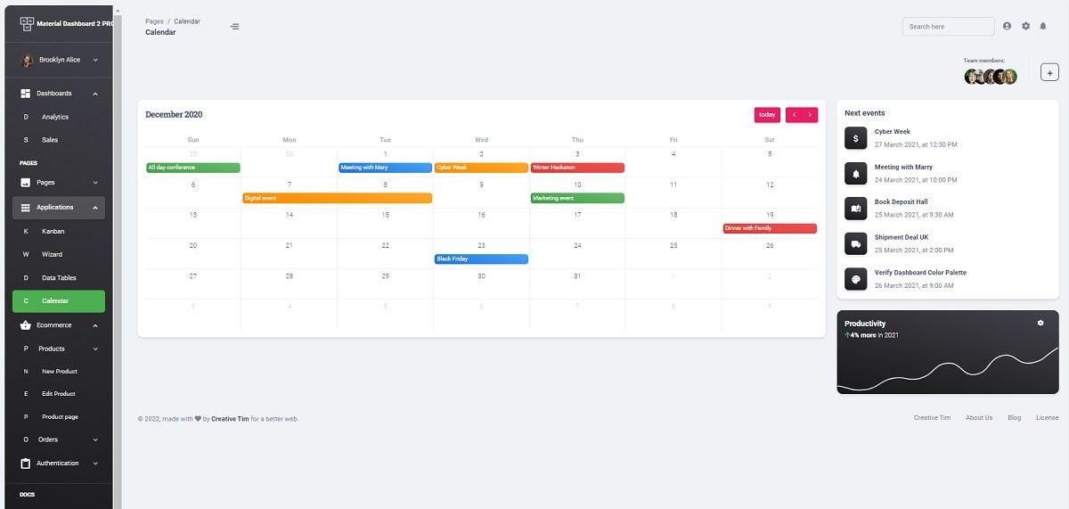 Vue Material Dashboard 2 PRO - Calendar Page