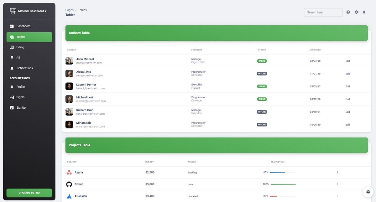 Vue 3 Material Dashboard - UI Tables (built with Bootstrap 5).