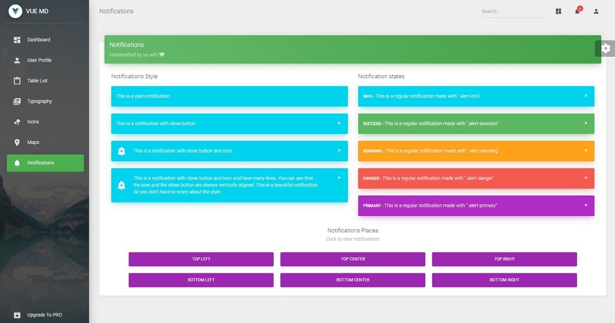 Vue Material Dashboard (Open-Source) - Alerts Page