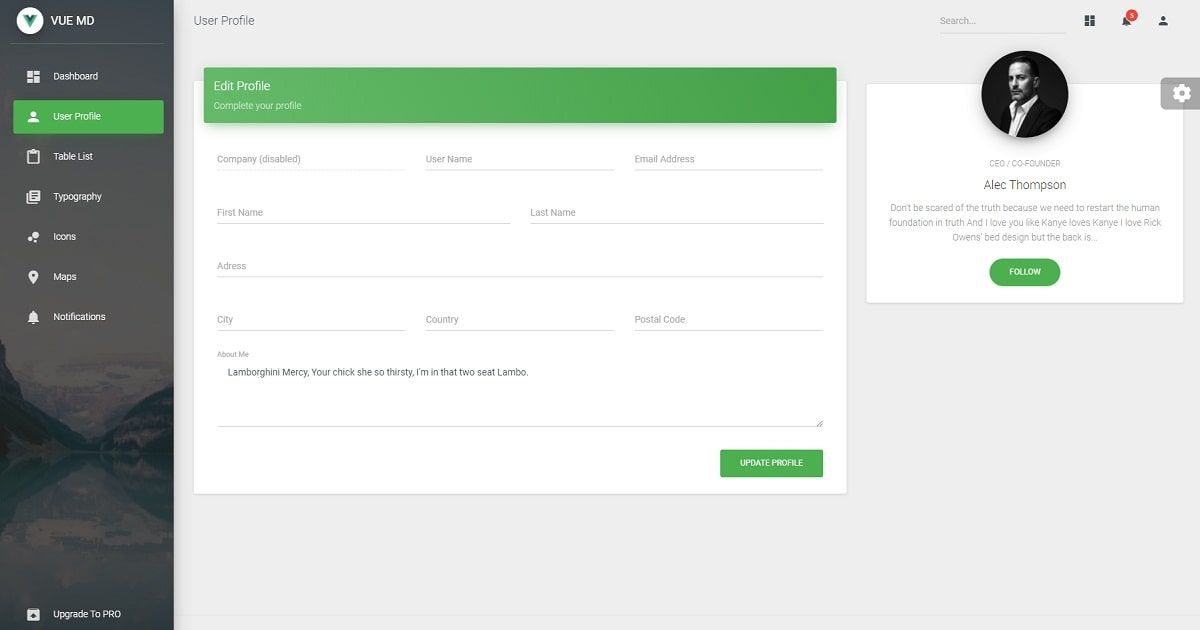 Vue Material Dashboard (Open-Source) - Profile Page