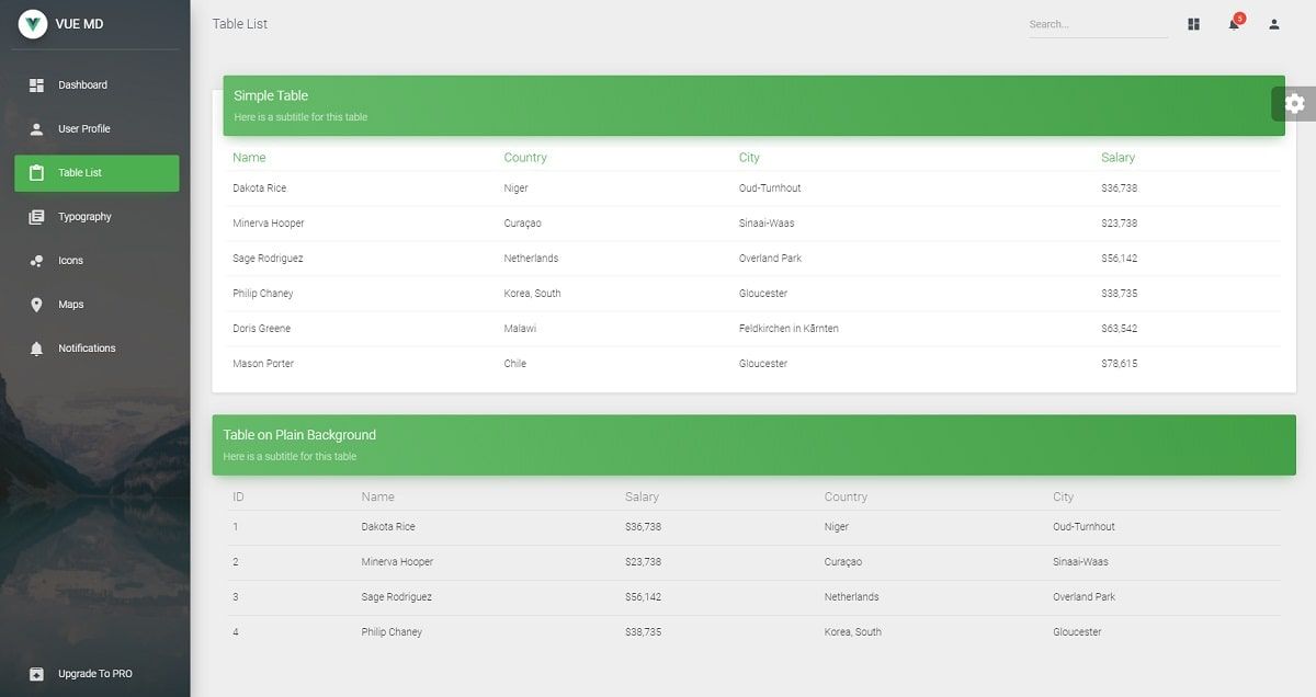 Vue Material Dashboard (Open-Source) - UI Tables