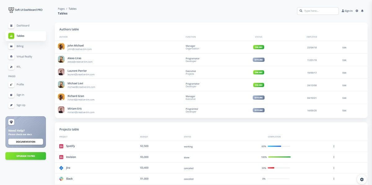 Vue Soft UI Dashboard (Open-Source) - UI Tables Page