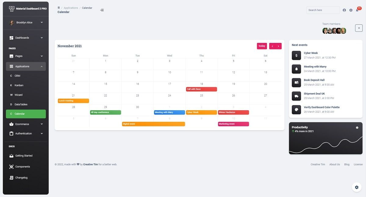 Vuetify Material Dashboard PRO (premium template) - Calendar Page.