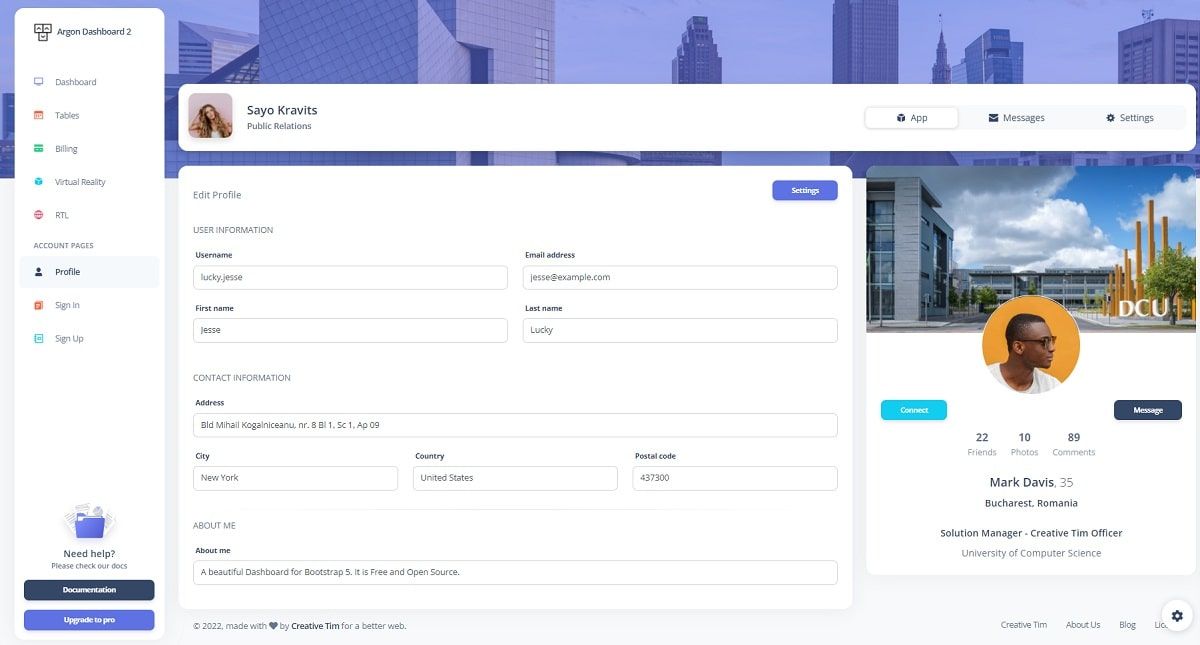 Argon Dashboard 2 (Bootstrap 5) - User Profile Page