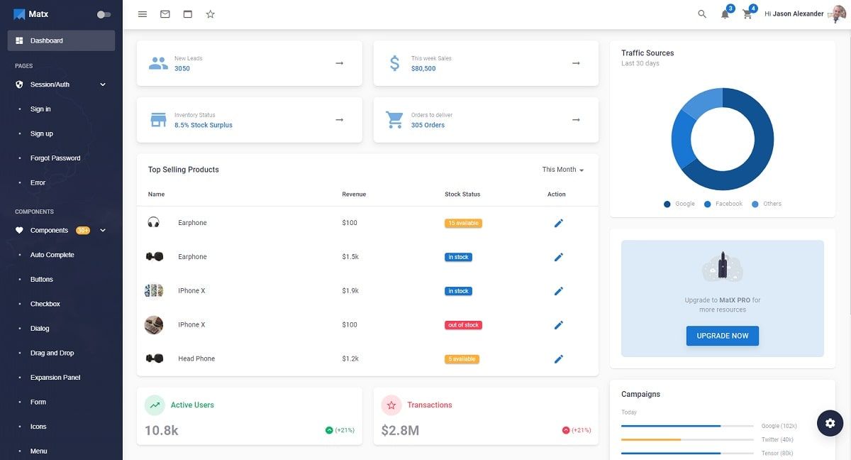 MatX React M-UI Dashboard (Open-Source) - Main Page