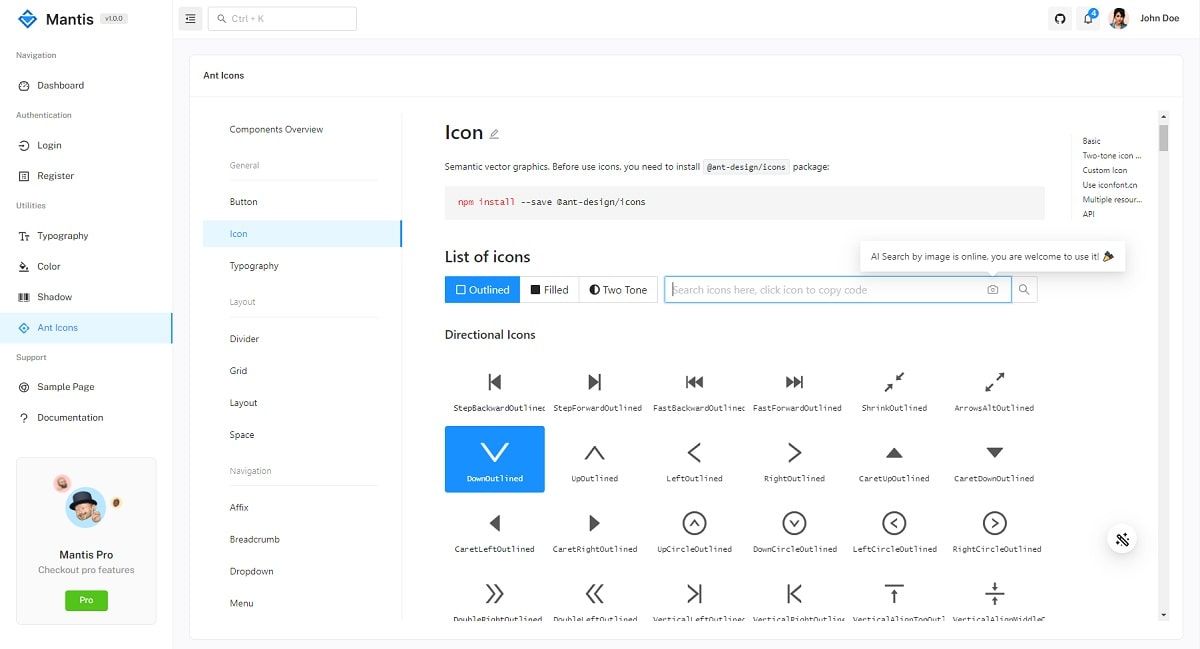 Mantis React (Open-Source) - Icons page