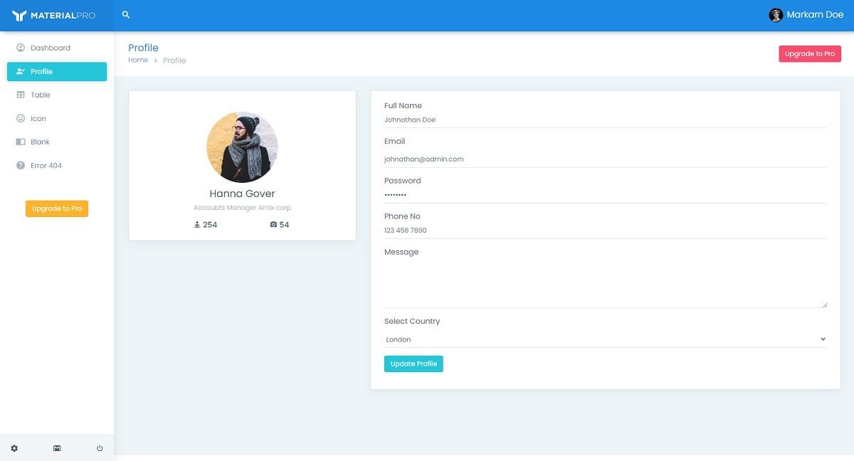 MaterialPRO Lite (Open-Source Bootstrap5) - User Profile Page