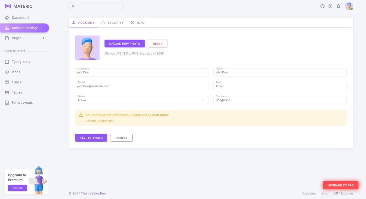 Materio (Open-Source Vuejs Laravel) - User Profile Page