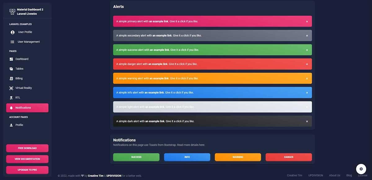 Material Dashboard 2 Laravel Livewire - Alerts Page