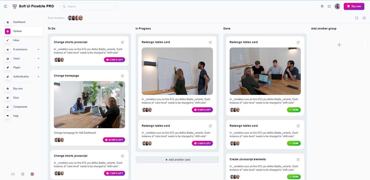 Soft UI Flowbite PRO - Kanban Board (built with Tailwind)