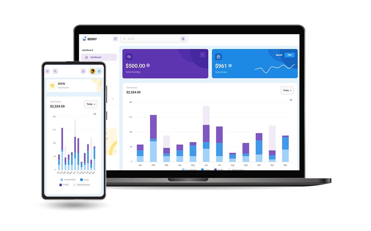 React Berry Dashboard - Mobile View