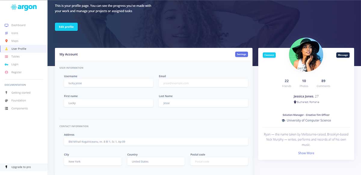 Argon Dashboard Material-UI - User Profile (open-source)