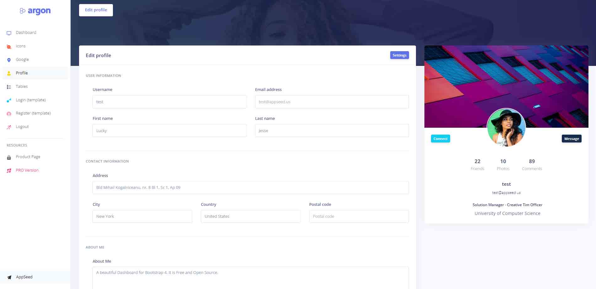 Argon Django Template - User Profile page