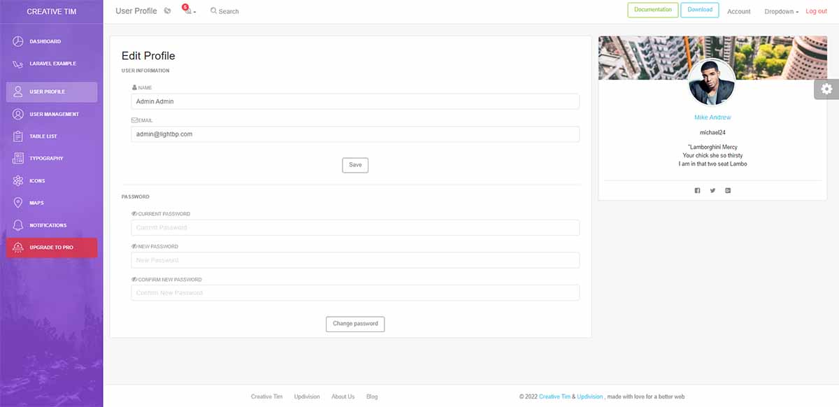 Light Bootstrap Dashboard Laravel - Profile Page