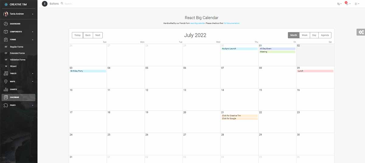 Light Dashboard React PRO - Calendar Page