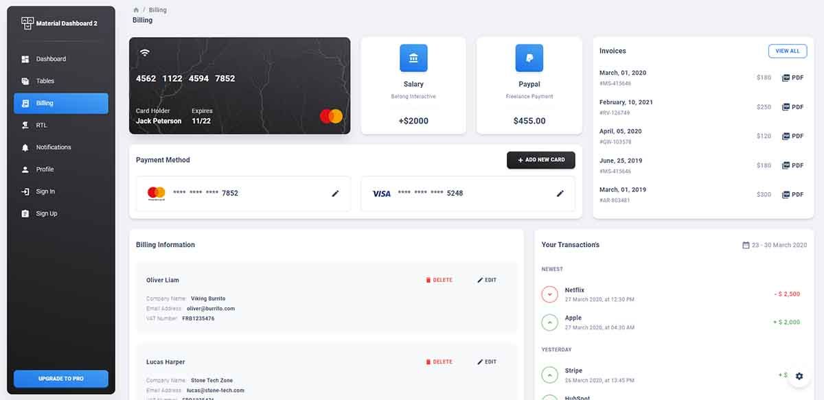 Material Dashboard React - Billing Page (Open-Source)