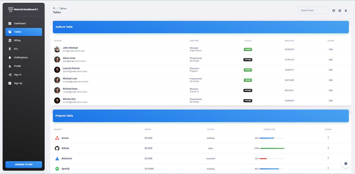 React Material Dashboard - User tables (free product)