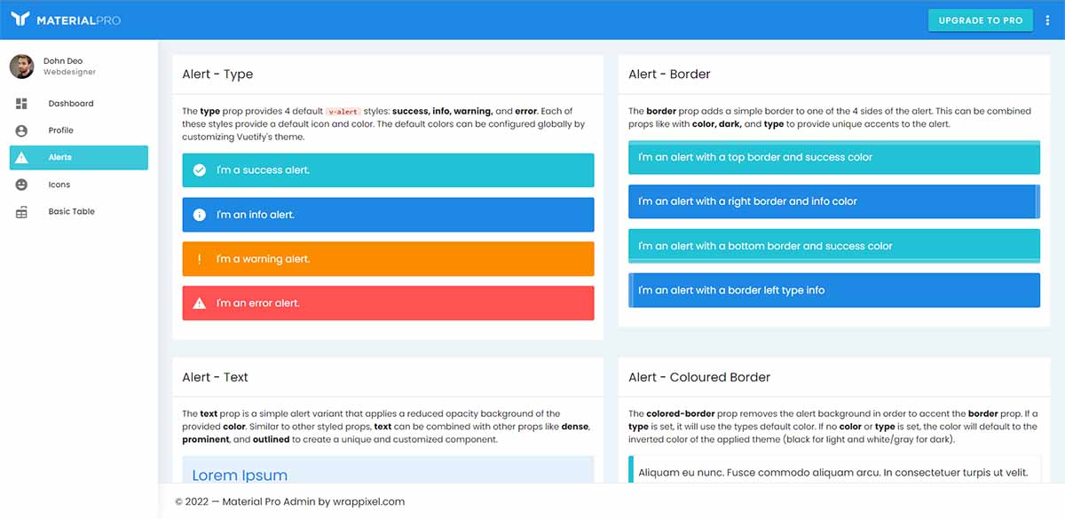 MaterialPro Vuejs Admin Lite - UI Alerts Page
