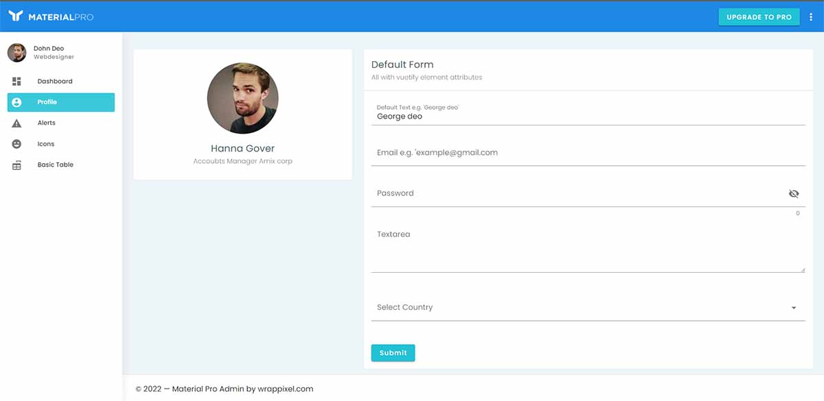 MaterialPro Vuejs Admin Lite - Profile Page