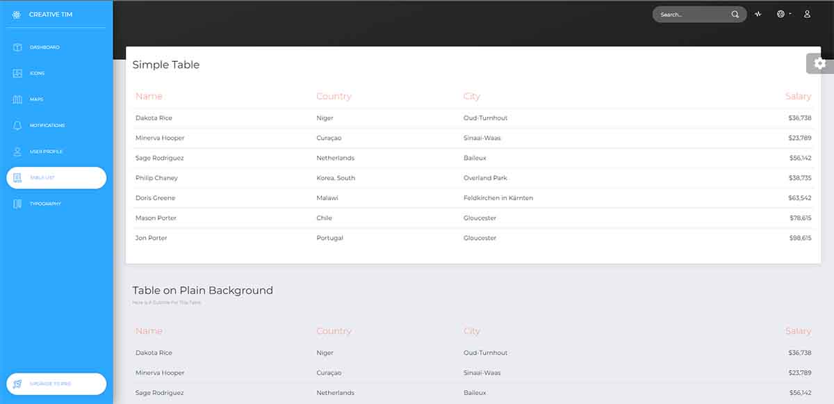 React Now UI Dashboard - UI Tables (open-source)