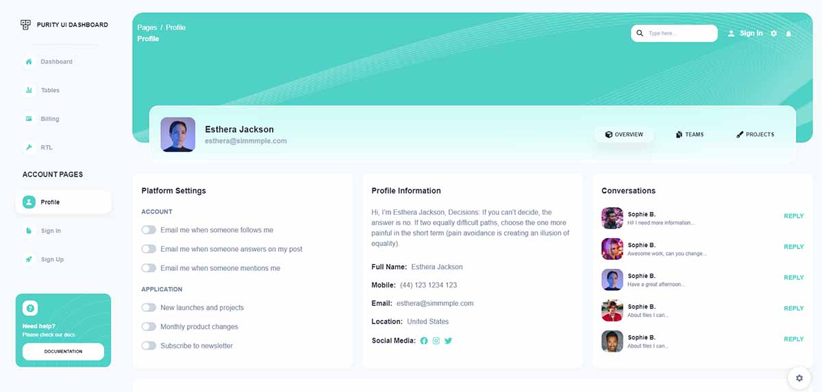 Purity UI Dashboard - Profile Page (open-source React Template)