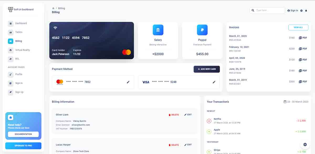 Soft UI Dashboard React - Billing Page (open-source)