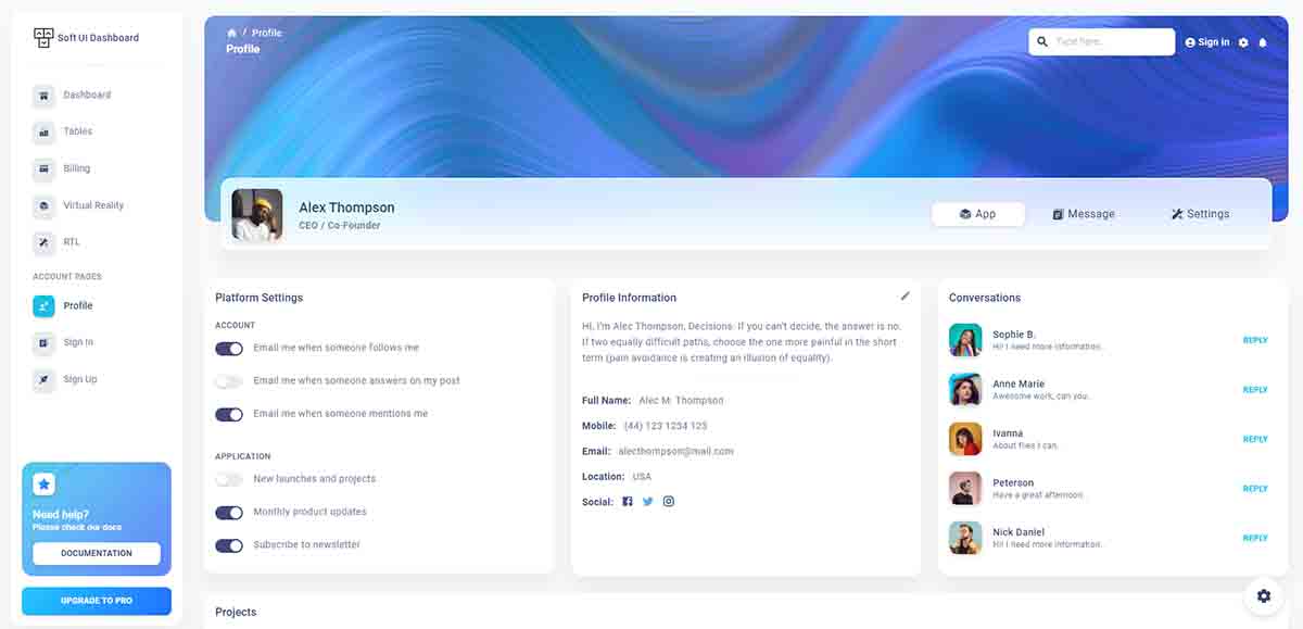 Soft UI Dashboard React - Profile Page (open-source)