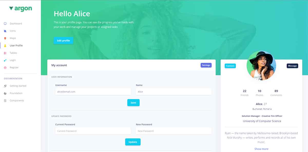 Argon Dashboard Vue.js - User Profile (open-source)