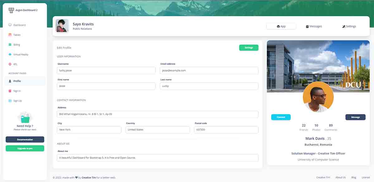 Vue Argon Dashboard - Profile Page (open-source)