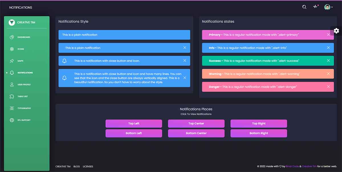 Vue Black Dashboard - Alerts Page (open-source version)