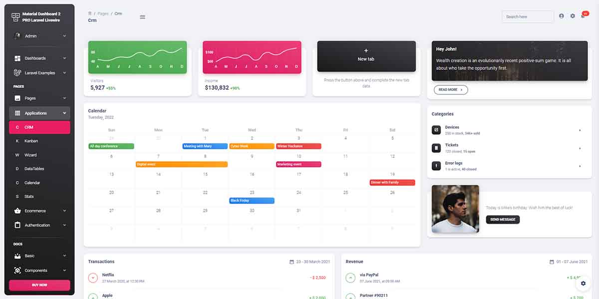 Material Dashboard Laravel - Calendar Page (premium starter)