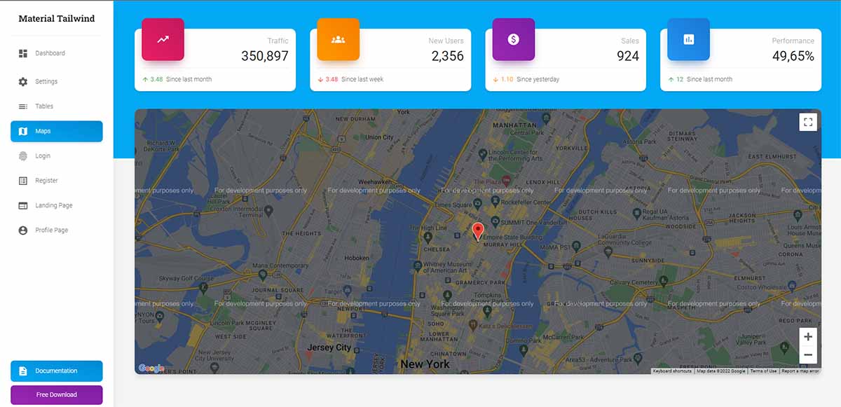 Material Dashboard - Maps Page (built with React and Tailwind)