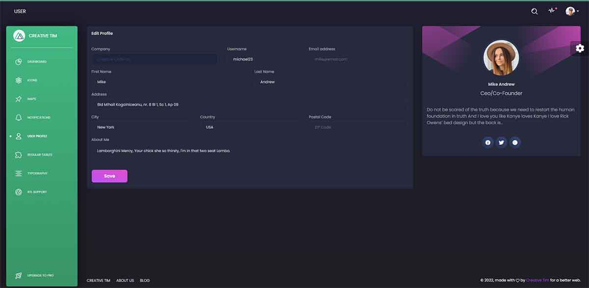 Nuxt Black Dashboard - User profile (open-source template)