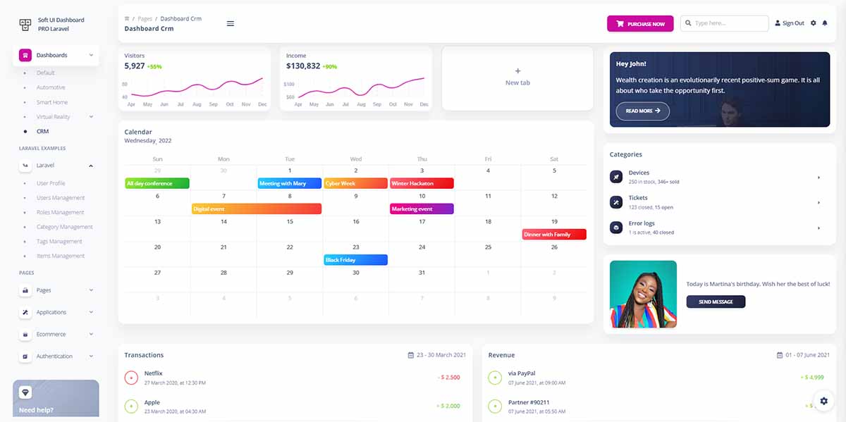 Laravel Soft UI Dashboard PRO - CRM Module (premium starter)