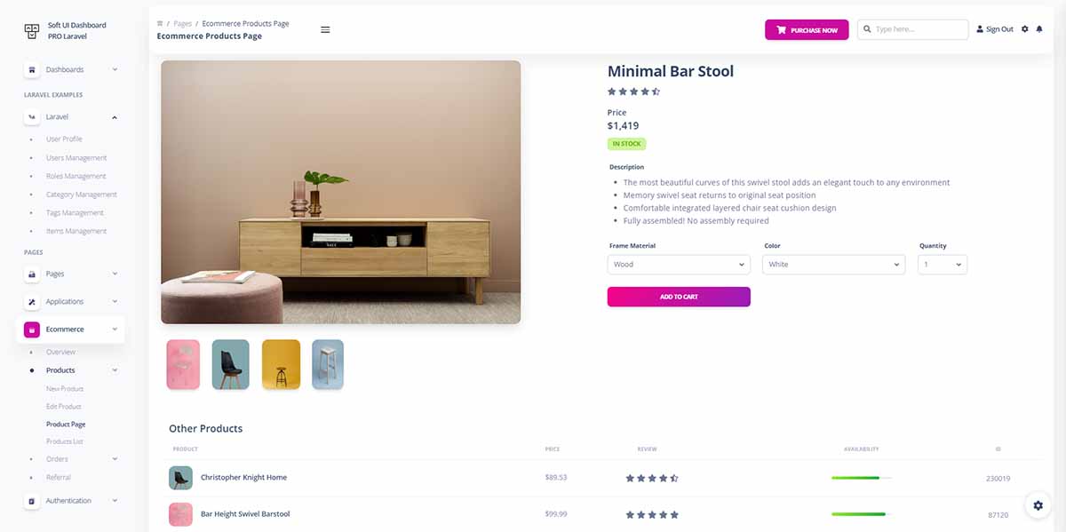 Laravel Soft UI Dashboard PRO - eCommerce Page (premium starter)