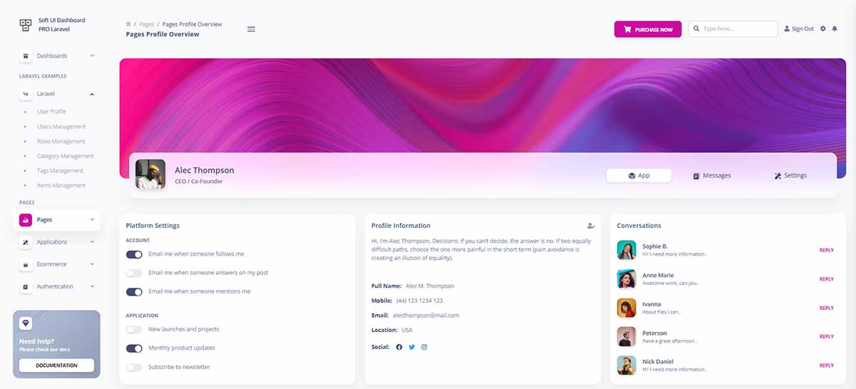 Laravel Soft UI Dashboard PRO - User Profile Page (premium starter)