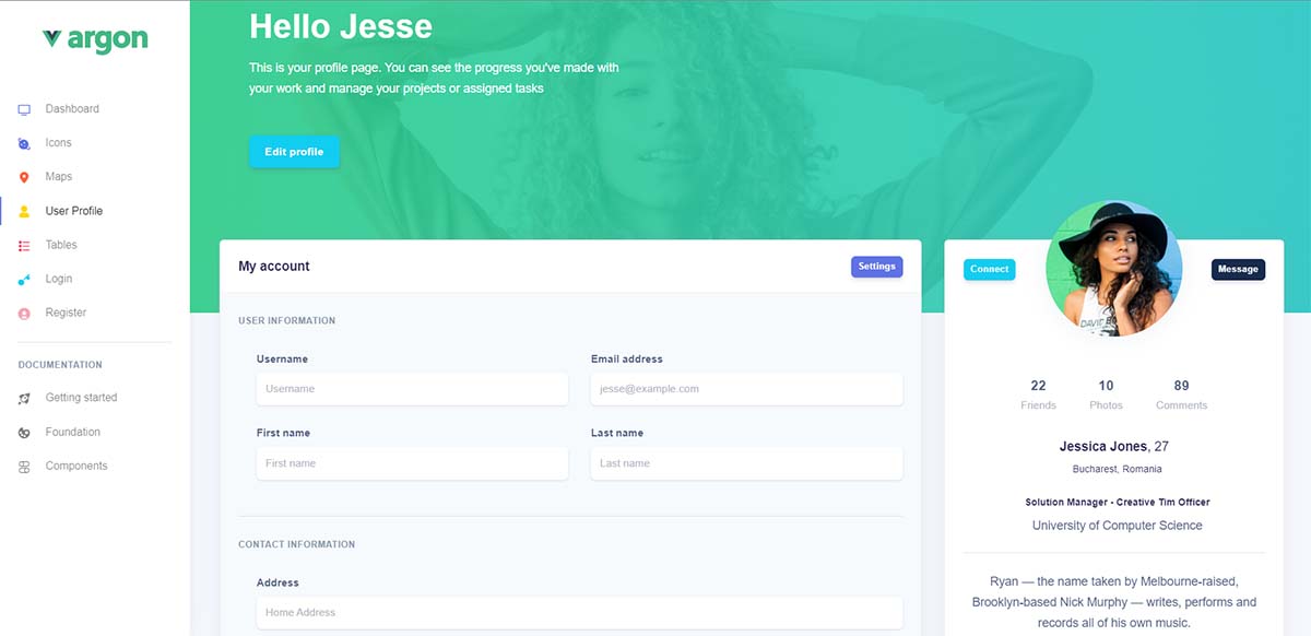 Vue Argon Dashboard - Profile Page (free template)