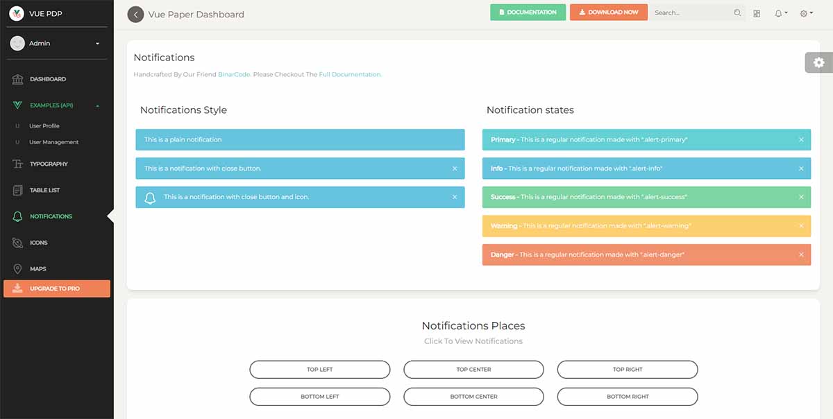 Vue Paper Dashboard - UI Alerts (free Laravel starter)