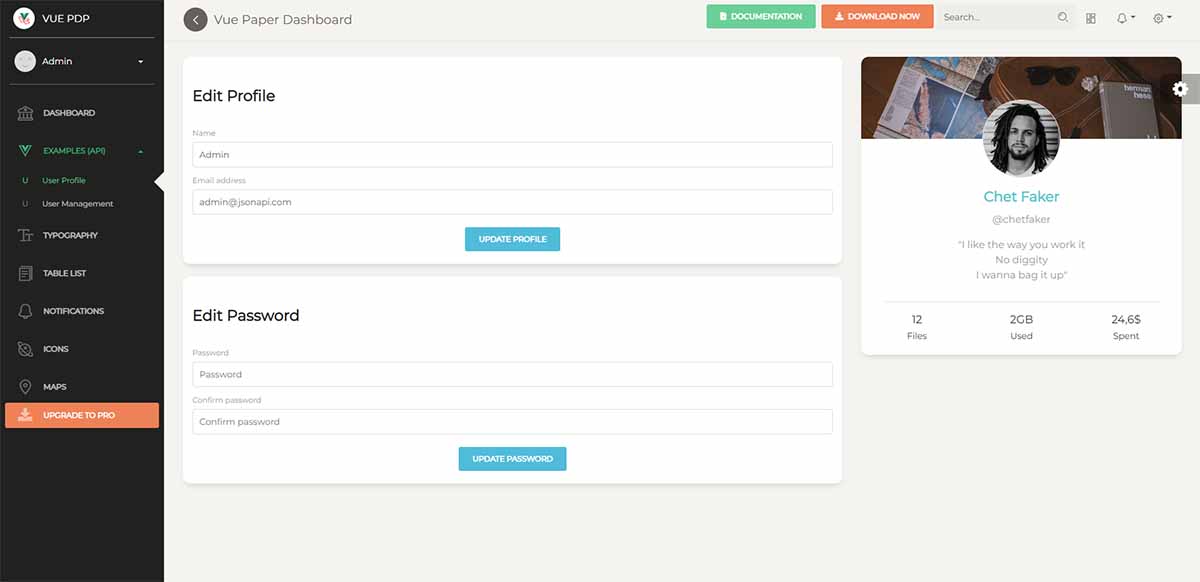 Vue Paper Dashboard - User Profile (free Laravel starter)