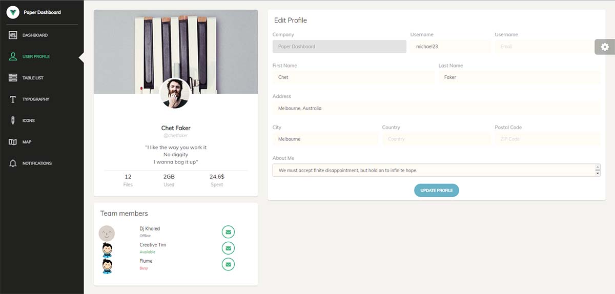 Vue Paper Dashboard - User profile (free template)
