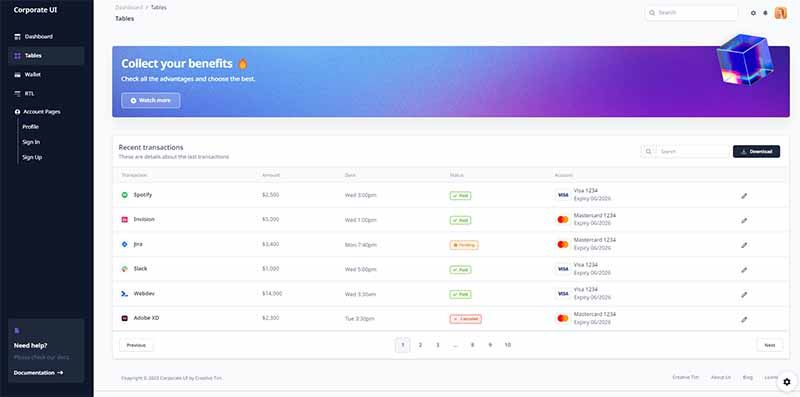Corporate UI Dashboard - Tables View