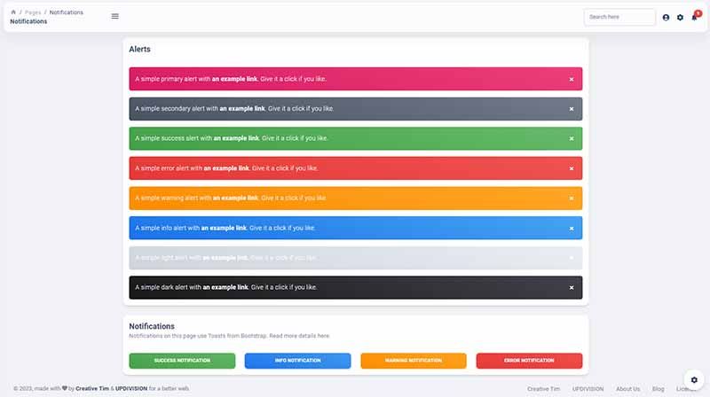 Material Dashboard React Nodejs - UI Alerts