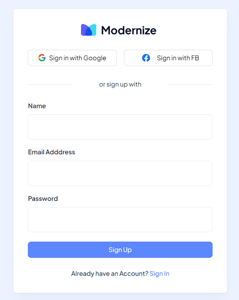 Modernize (Free Angular Template) - Registration Page